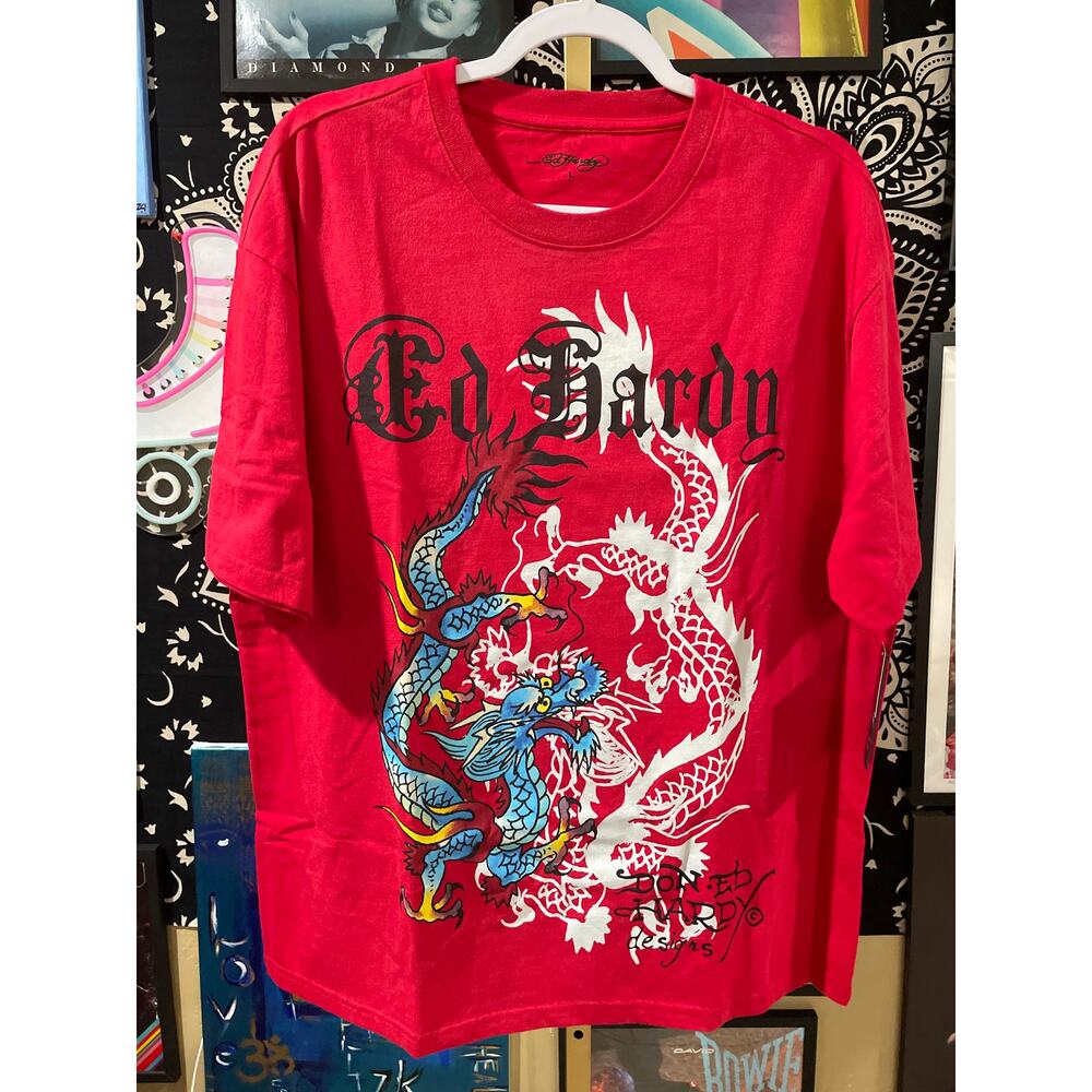 Ed Hardy Dragon Oversized Y2K Streetwear Deadstock Short Sleeve Tee Red Large
